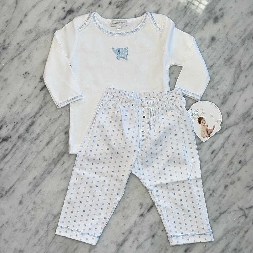 New Magnolia Baby Blue Elephant Appliqué Shirt and Pant Set Layette